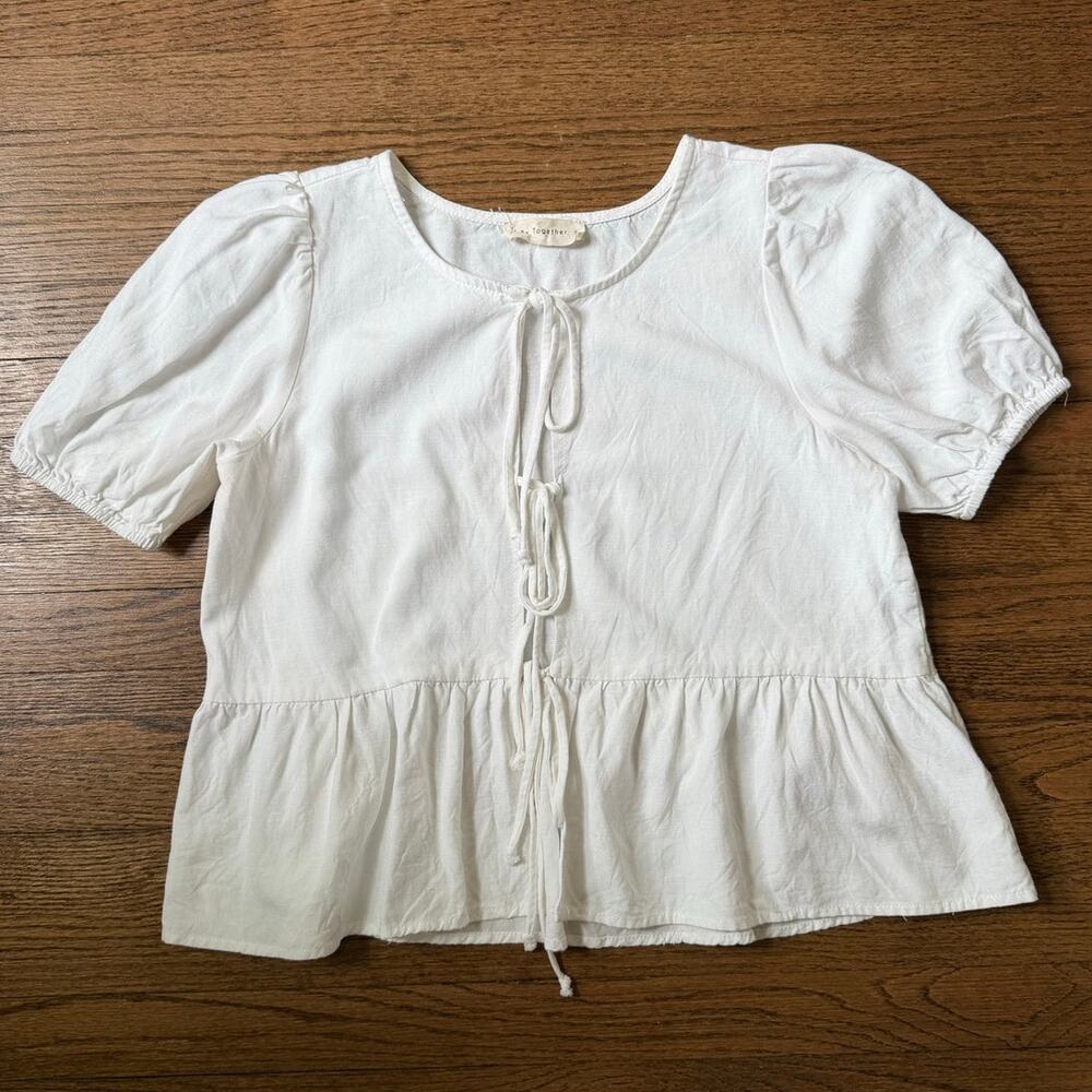 By Together White Front Tie Linen Blend Blouse Size Small